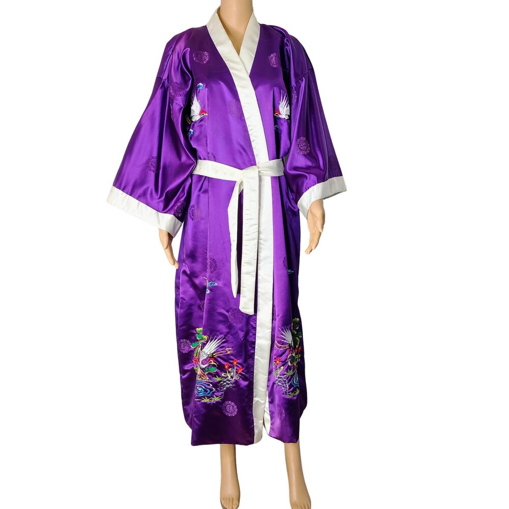 80s Purple Kimono Robe Embroidered Crane White Trim Belted Japanese Made Size OS